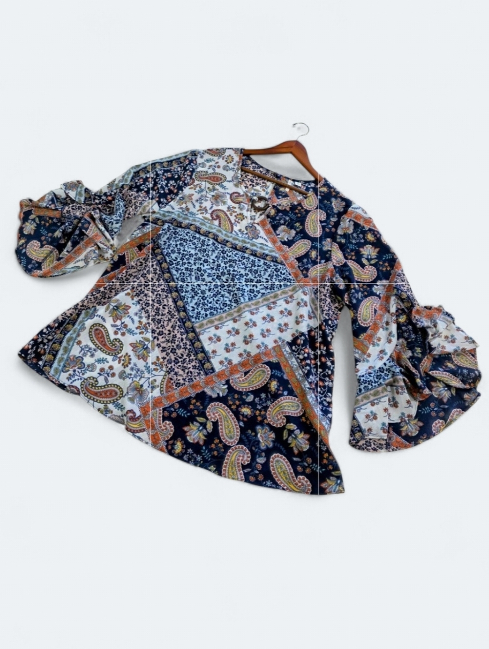 C Est. 1946 Boho Patchwork Ruffle Bell Sleeve Blouse - Floral & Paisley Size XL